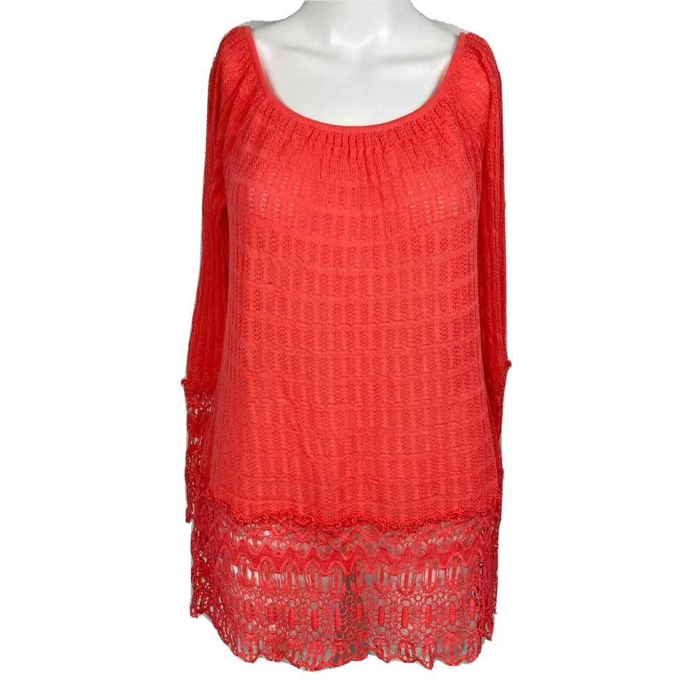Umgee Sweater Womens Sz M Coral Red Cotton Open Knit‎ Crochet Pullover Top